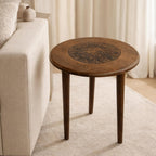 TUP THE URBAN PORT AMA 22 Inch Side End Table, Round Top, Indian Mandala Floral Carving, 3 Legs, Brown Mango Wood