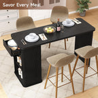 ONBRILL 59 Inch Kitchen Island with Storage, Fluted Counter Height Table, Mid-Century Modern Kitchen Island Table with Sliding Door, Home Bar Tables with Wine Rack and Drawers Black