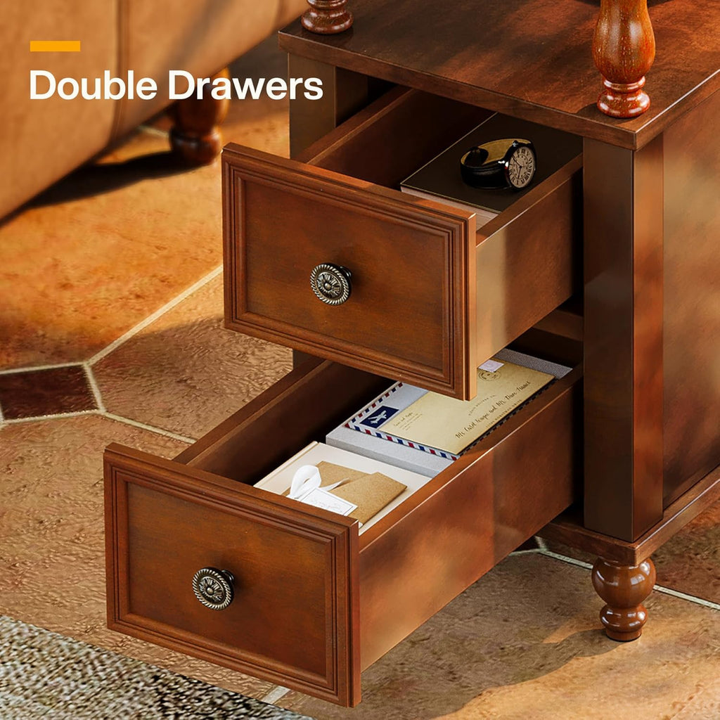 Tribesigns Cherry Finish Wood End Table with 2 Drawers, Mid-Century Wooden Slim Side Table Nightstands with Storage Shelf, Accent Table for Living Room, Easy to Assemble (Walnut)