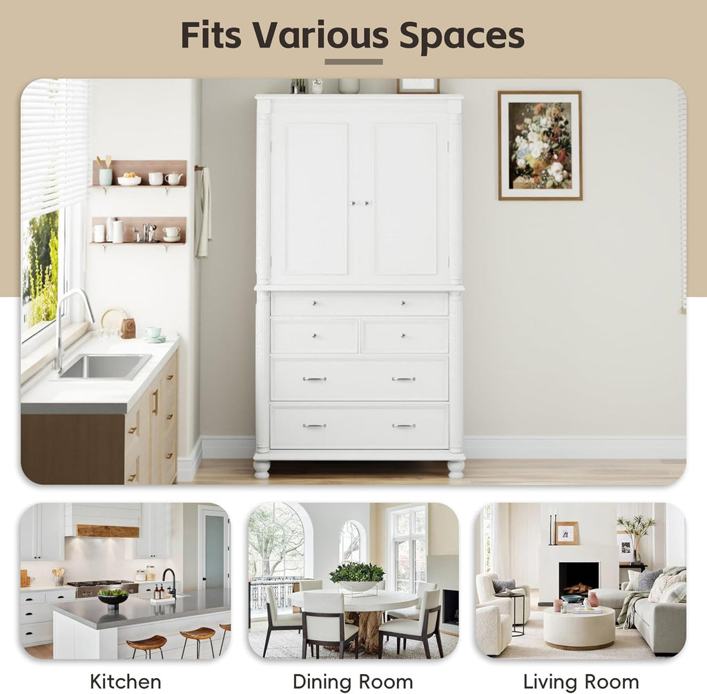 Freestanding Large Kitchen Pantry Cabinet 43.3" Wide, 77.3" Tall Farmhouse Storage Cupboard with 5 Drawers, 6 Door Shelves & Adjustable Shelves for Kitchen Dining Room Organization(White)