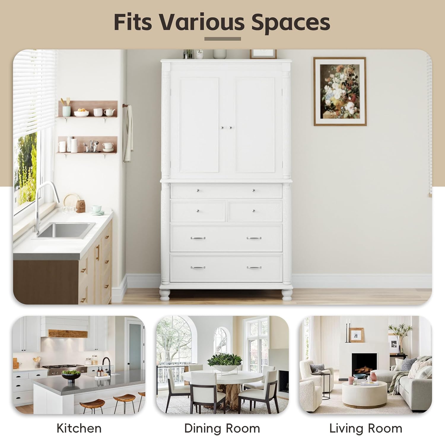roomfitters 77 Inch Large Freestanding Kitchen Pantry Cabinet with 5 Drawers and 6 Door Shelves, Vintage White
