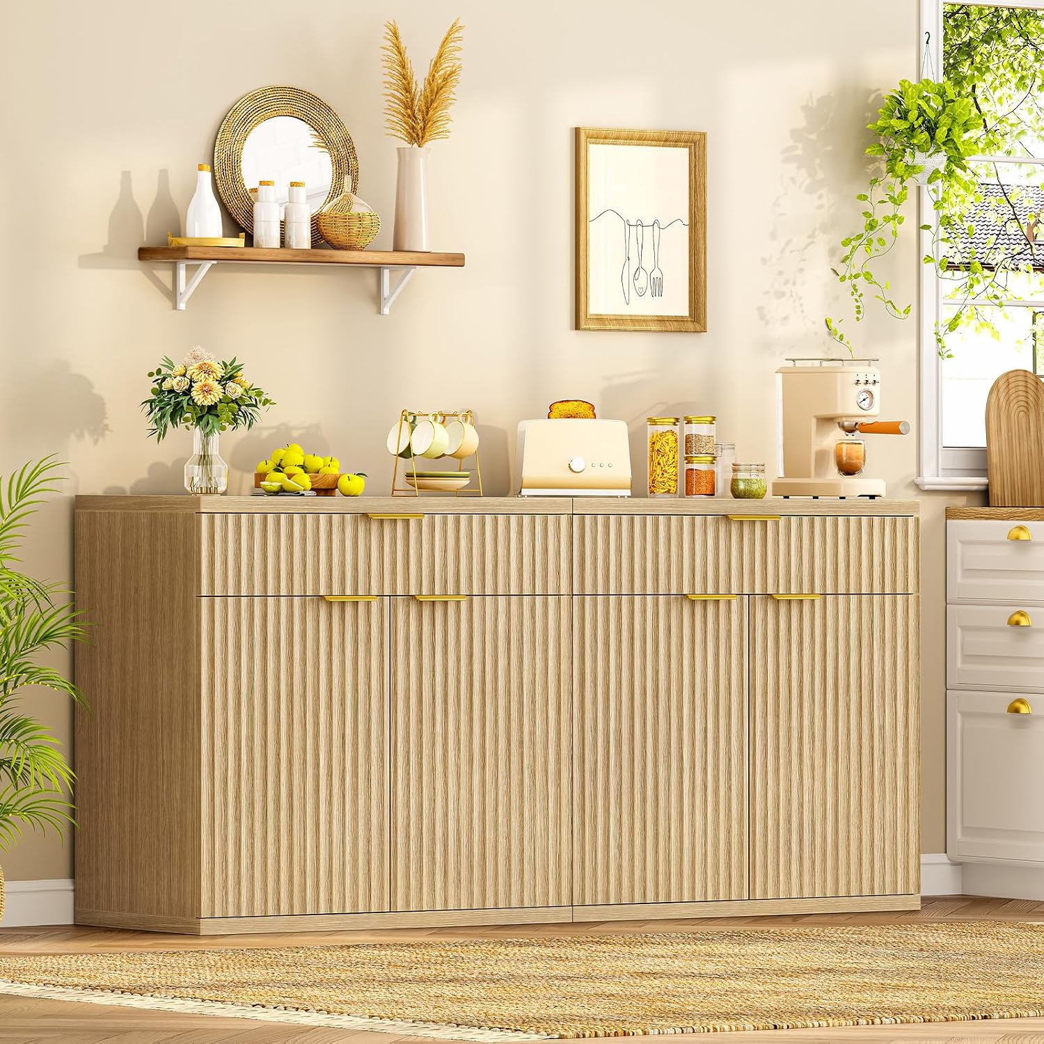 Buffet Sideboard Cabinet with Storage, 31.5" Buffet Table Coffee Bar Wine Bar Storage Cabinet with Adjustable Shelf for Living Room, Kitchen, Natural