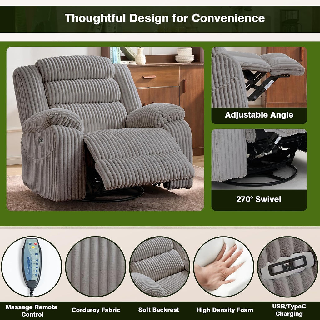 Oversized Power Swivel Rocker Recliner for Living Room, Extra Wide Nursery Rocking Chair with Vibration Massage and Heat, USB & Type-C Charging Port and Cup Holder for Adults, Grey