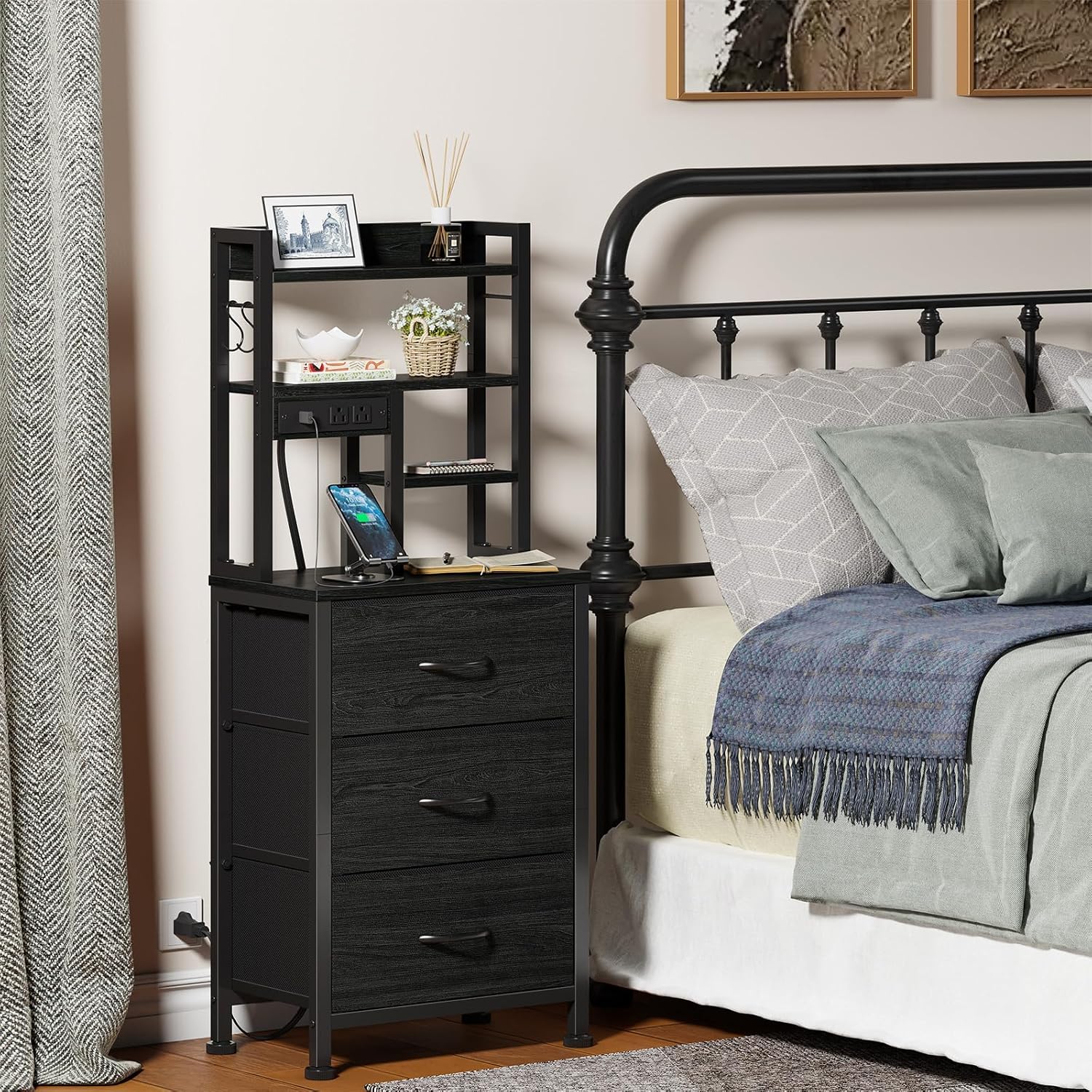 Furnulem Black Nightstands Set of 2, Tall Night Stand with Charger Station | 3 Fabric Drawers and Led Lights, USB Ports & type-C, 4-Tier Storage Shelves, Tall Bed Side Table for Bedroom/Dorm/Office
