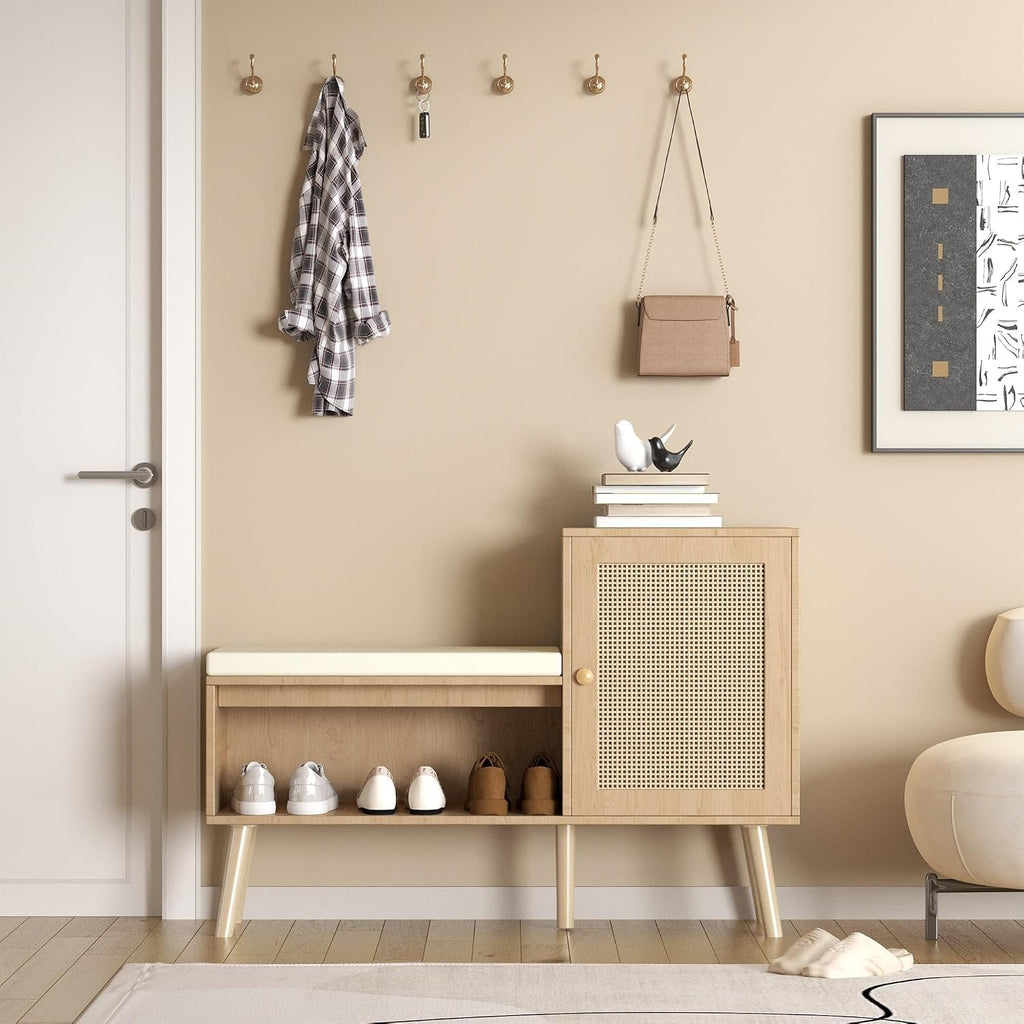 Entryway Bench with Rattan Cabinet Door, Shoe Storage, Cushioned Seat, Natural Wood, 39.37" x 27.56