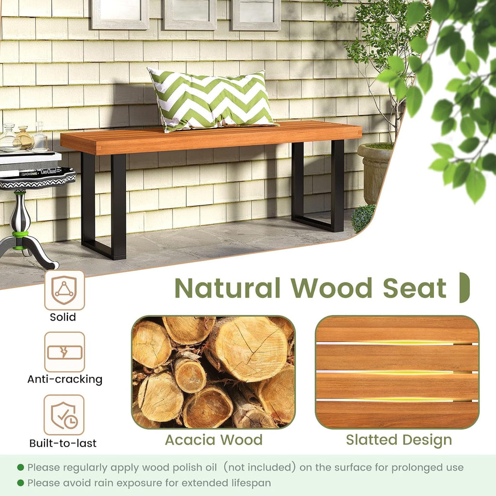 RELAX4LIFE Outdoor Bench Acacia Wood - 48’’ Garden Patio Dining Bench w/Slatted Seat, Metal Legs, 2-Person Backless Picnic Loveseat, Farmhouse Indoor Outdoor Furniture for Entryway Deck Park Porch (1)