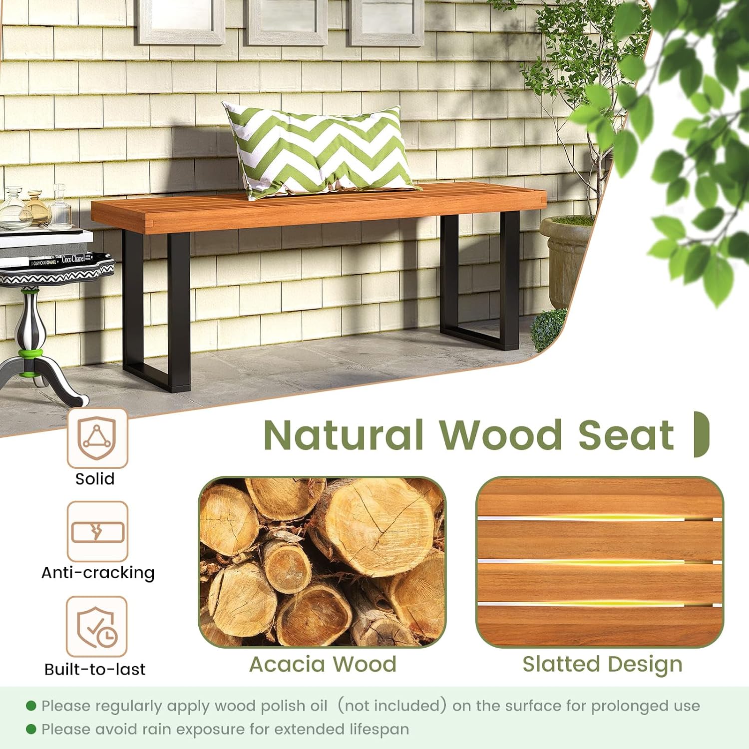 RELAX4LIFE Outdoor Bench Acacia Wood - 48’’ Garden Patio Dining Bench w/Slatted Seat, Metal Legs, 2-Person Backless Picnic Loveseat, Farmhouse Indoor Outdoor Furniture for Entryway Deck Park Porch (1)
