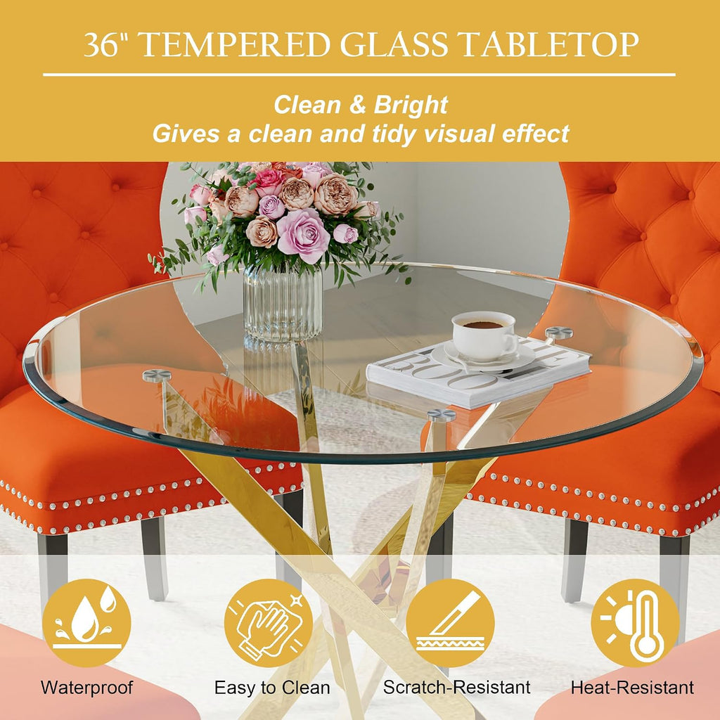 5-Piece Glass Dining Table Set for 4, Include 36" Round Tempered Glass Kitchen Table and 4 Orange Black High Back Chairs for Dining Room, Living Room (Gold Table Legs)