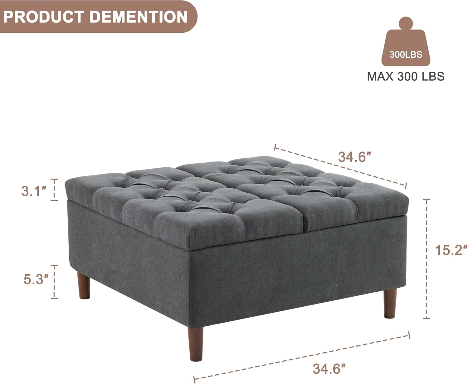 Weture 35 Inch Extra Large Storage Ottoman Coffee Table, No Assembly Required, Oversized Square Ottoman with Storage, Tufted Upholstered Ottomans Coffee Table for Living Room (Fabric, Dark Grey)