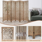 6 Panel Leaf-Carved Room Divider, 67 Inch Bohemian Folding Privacy Screen, Natural Wood Room Divider for Room Separation, Decorative Room Partition for Home, Office, Bedroom