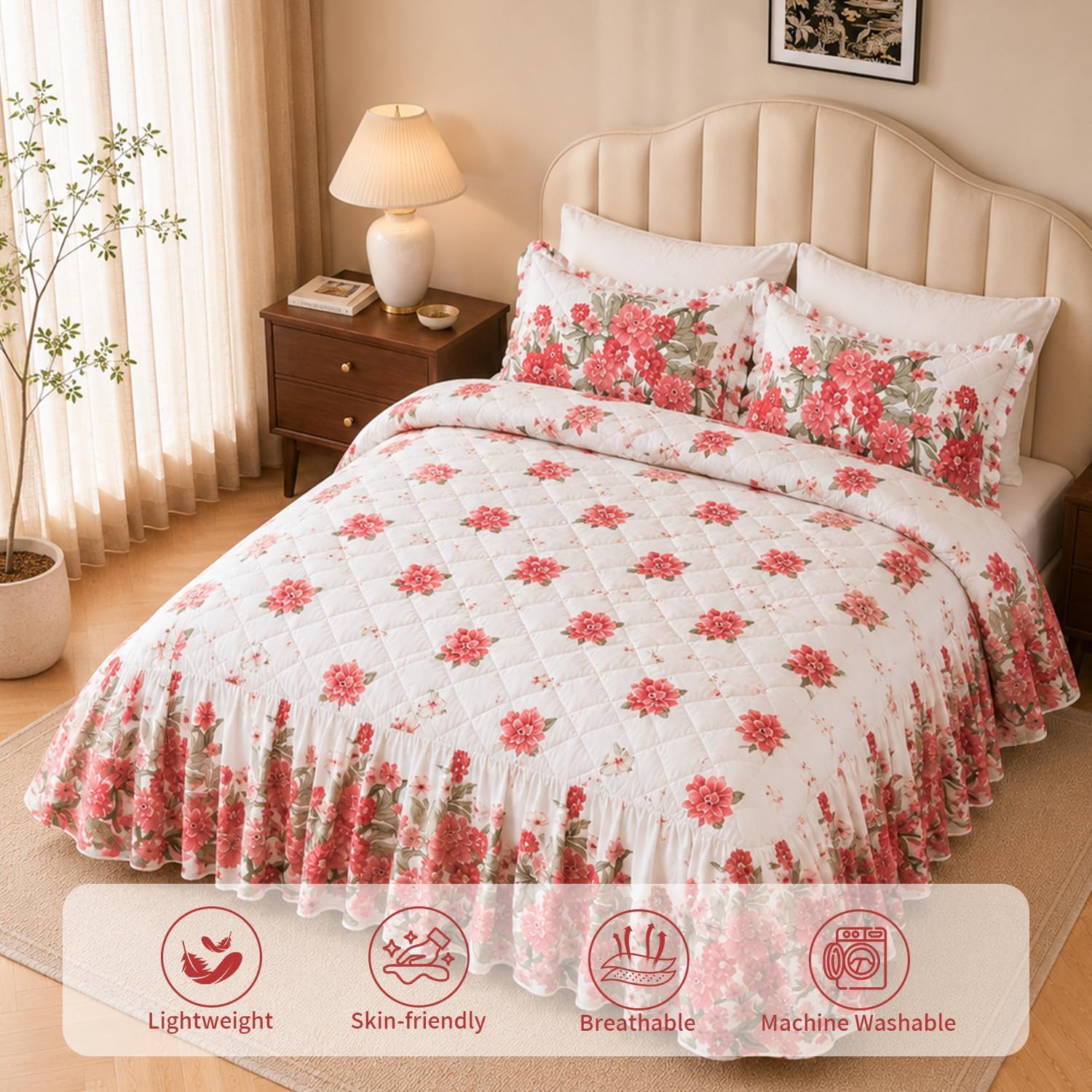 Ruffled Comforter Set King with Attached Bed Skirt, 3 Piece Skirted Comforter Bedding Set, Shabby Chic Floral French Country Comforter with Bedskirt Ruffled Dust Ruffle Design for Farmhouse Bedroom