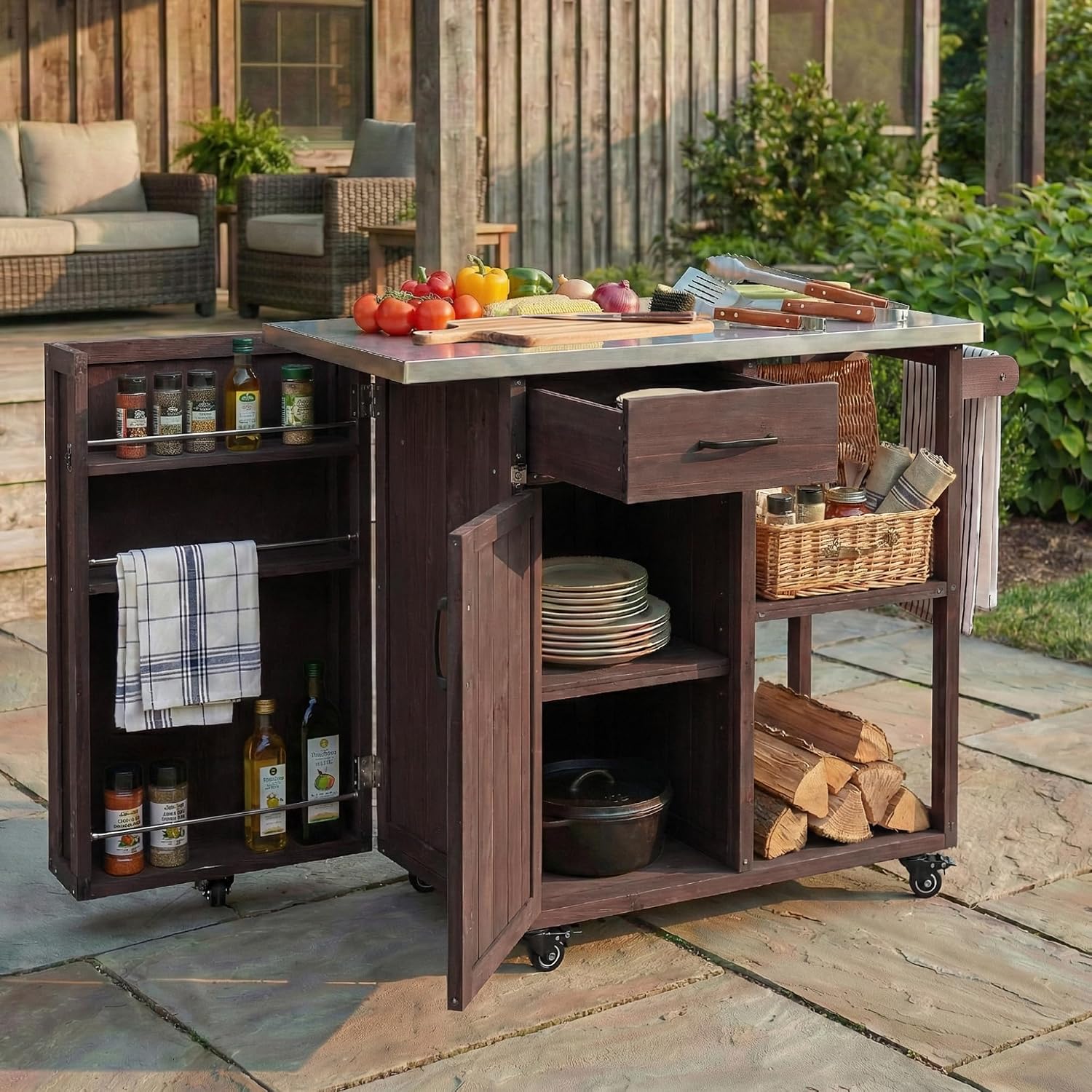 40 Natural Fir Wood Garden Table for Planting, Planter Bench with Stainless Top, Outdoor Storage Cabinets with Lockable Wheels for Backyard Gardening, Dark Brown