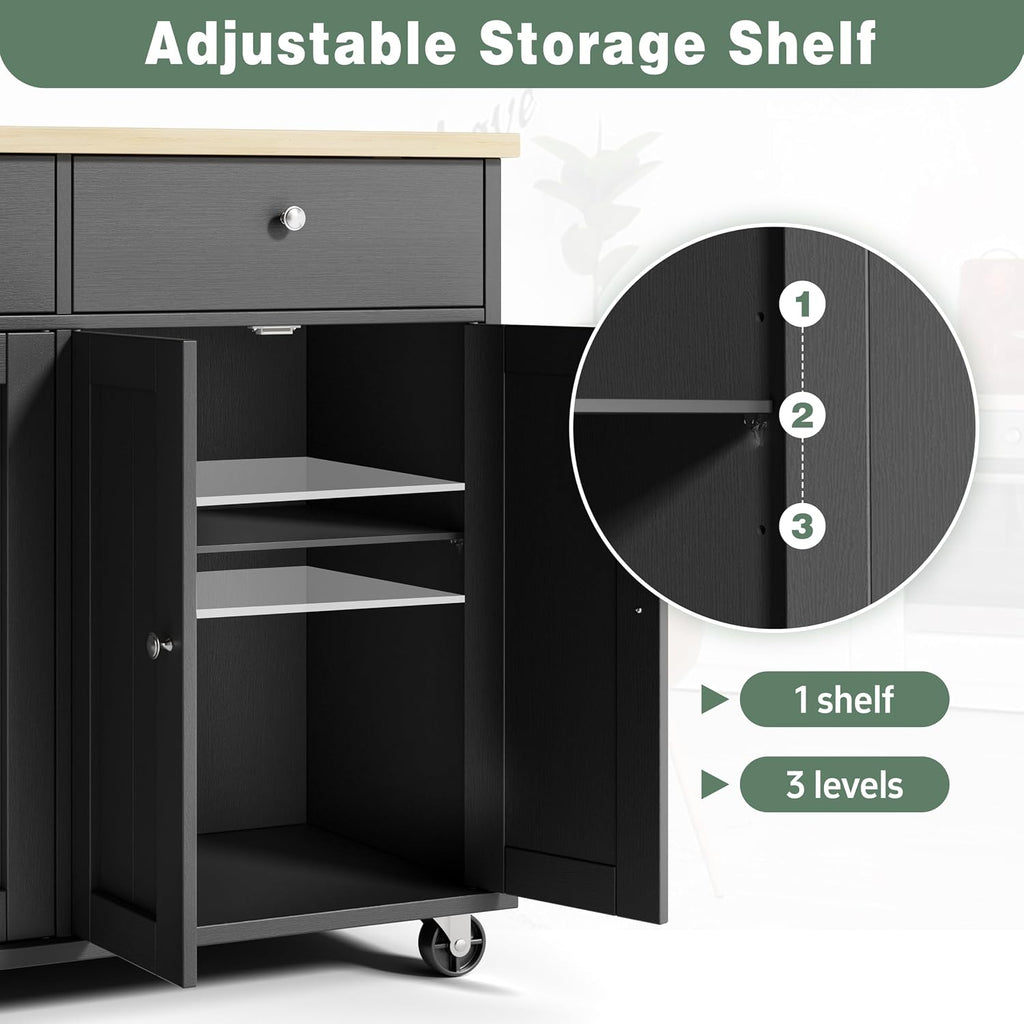JY QAQA 39" Kitchen Island on Wheels with Storage Cabinet Kitchen Cart Cabinet with Shelves, Cart Handle for Towel Rack or Free Mobility, Portable Islands for Kitchen, Black