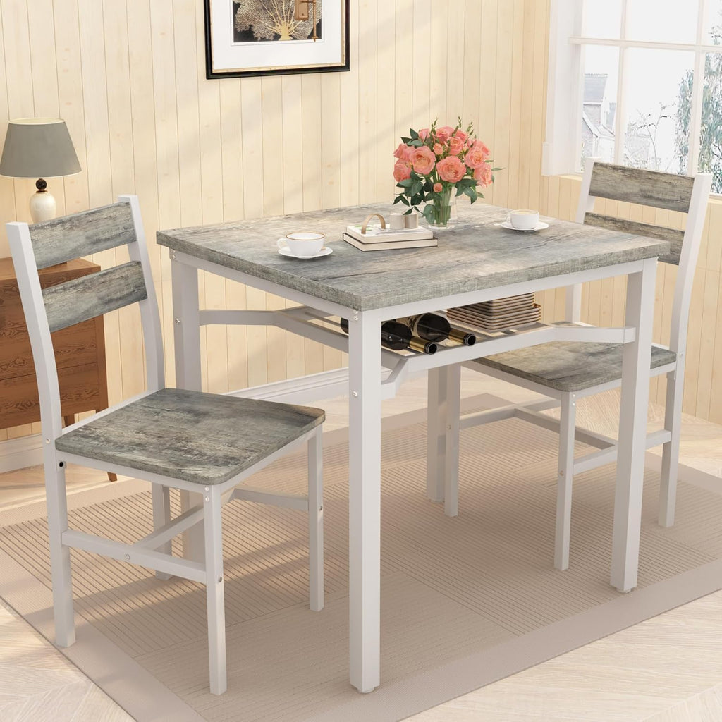 Hooseng 3 Piece Dining Table Set for 2, Small Wooden Kitchen Table with Storage, Farmhouse Square Dinette Set for Dining Room, Breakfast Nook, Apartment, Small Space
