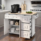 HOMREST 52" Mobil Kitchen Island Cart with Drop Leaf, Kitchen Cart Rolling Mobile Island with Wooden Countertop, Spice Rack, Adjustable Shelves and Drawers, Island Table for Kitchen, White