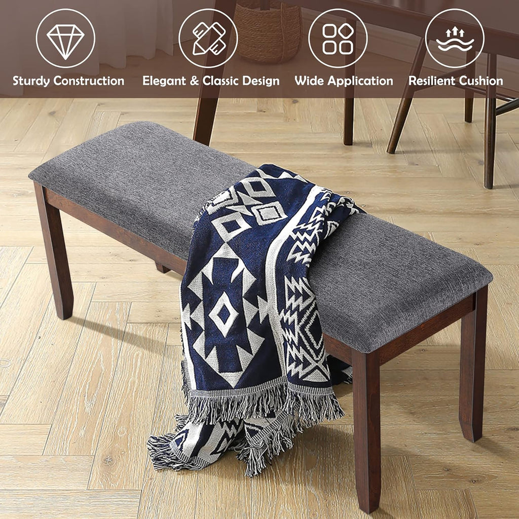 DORTALA Dining Bench, Upholstered Long Bench w/Natural Rubber Wood Legs, Foam-Padded Cushion, Linen Fabric Bench, Rustic Style for Dining Room, Kitchen, Living Room, Grey and Brown