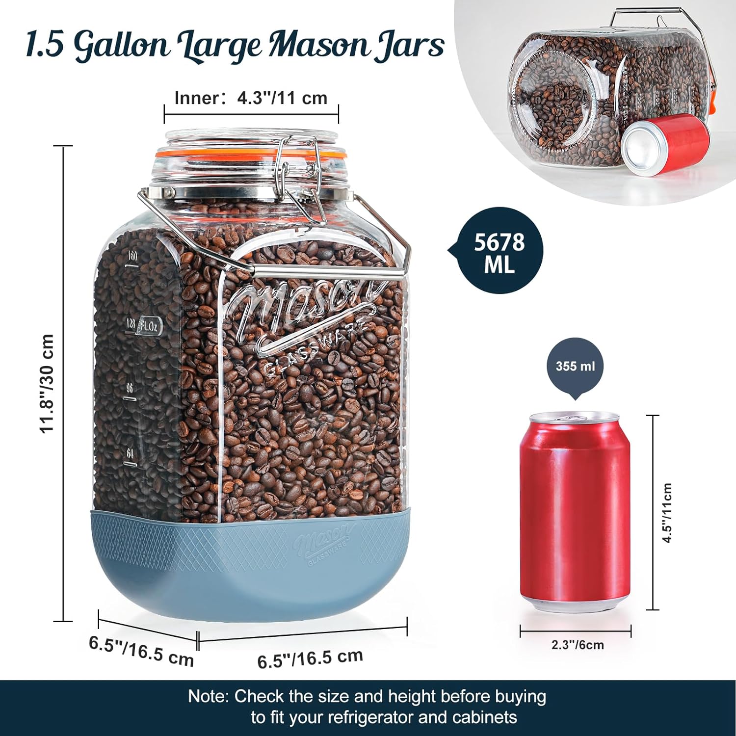 [NEW] 2 Pack Square 1.5 Gallon Glass Jar with Hinged Airtight Lid, Large Mason Jars Wide Mouth with Handle, Glass Storage Containers with Non-slip Base for Pantry, Laundry Room, Flour, Rice, Dog Treat