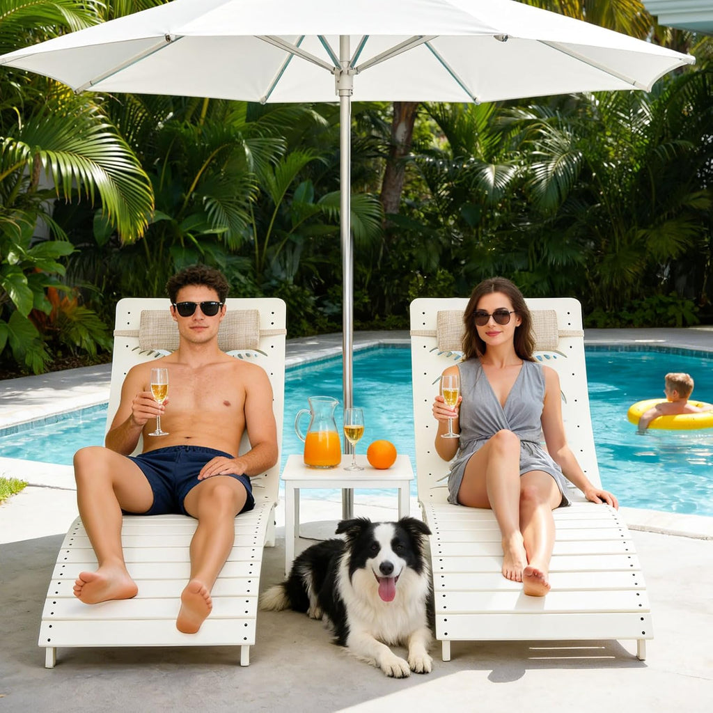 Folding in Pool Lounge Chair Set of 2, HDPE Fade Resistant Patio Chaise Sun Tanning Lounge Chairs, Ledge Lounger for Easy Carry, Palm Pattern for Beach Backyard Poolside Deck Wading Area White
