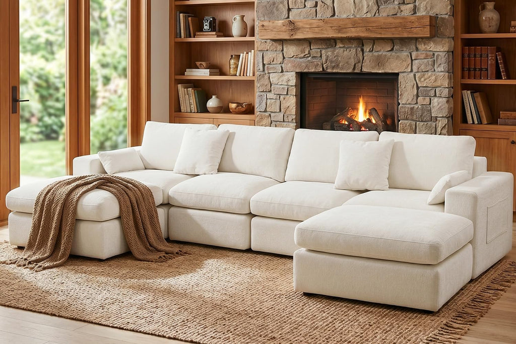 136" Cloud Modular Sectional Sofa with Detachable Comfort Seat Cushion, U-Shaped Convertible Boneless Couches for Living Room, Rearrange Freely, No Assembly, Warm White, 6-Seater Ensemble