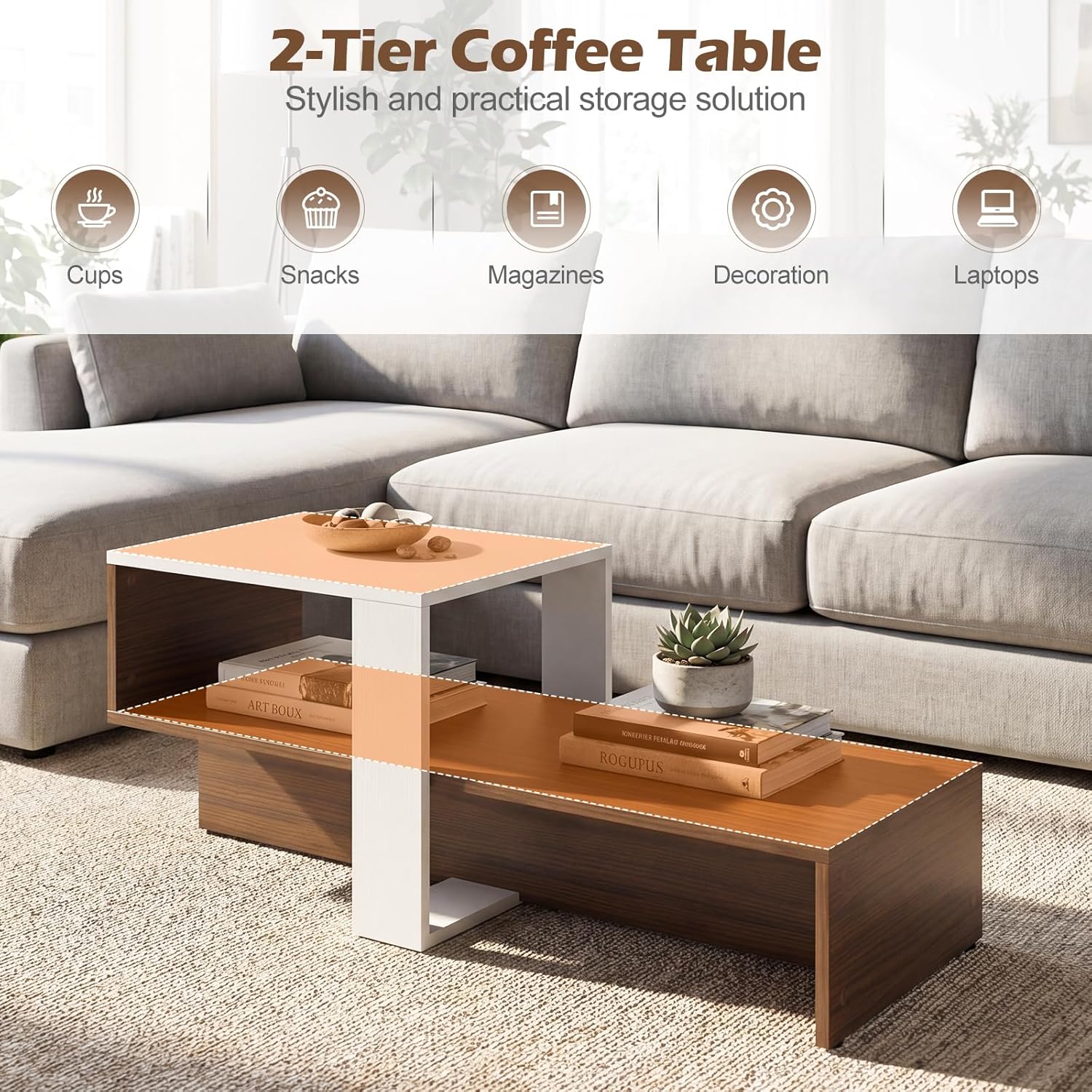 Giantex Small Coffee Table with Storage, 31.5" Wood Unique Center Table with 2-Tier Shelf, Low Accent Cocktail Tea Table, Mid Century Modern Coffee Table for Living Room, Small Spaces, Walnut & White