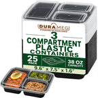 3 Compartment Food Containers with Lids, 25 Pack, 38 Oz Take Out Containers, Reusable Meal Prep Containers, Microwave Safe Lunch Boxes, Food Storage Containers for Catering, Restaurant & To Go Meals