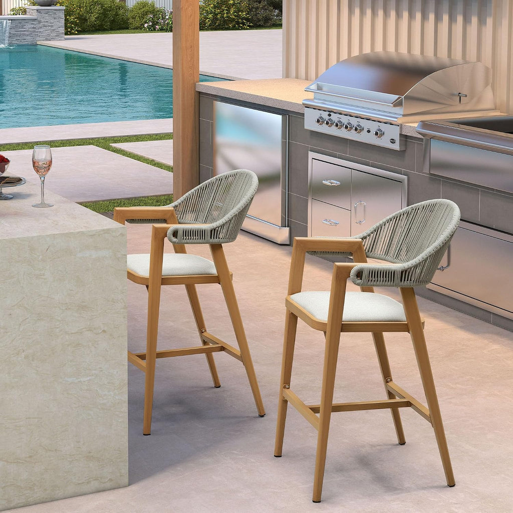 PURPLE LEAF Outdoor Bar Height Bar Stool Set of 2 Rattan Bar Chair with Back Aluminum Modern Barstools for Patio Backyard Indoor Kitchen Teak