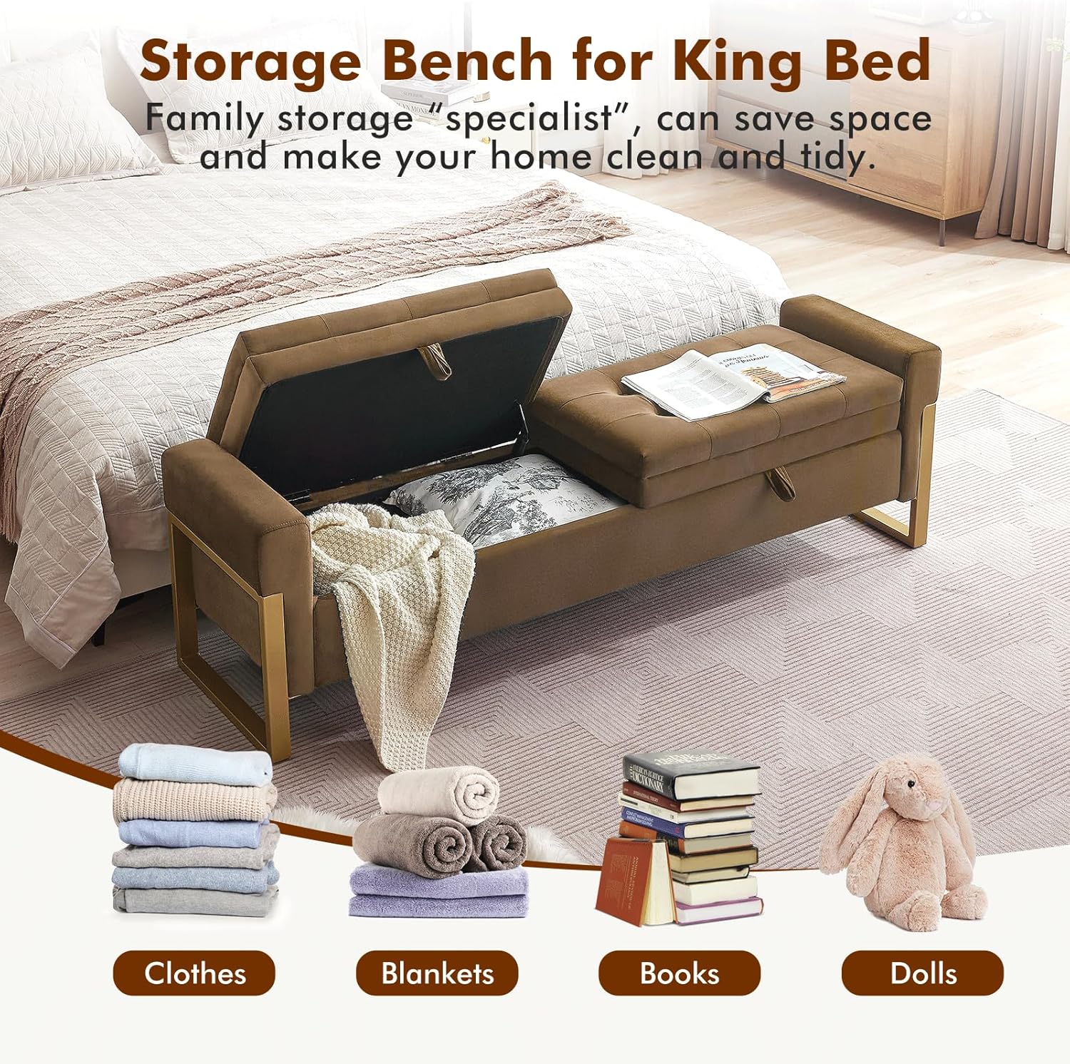 67" End of Bed Bench King Size, Velvet Storage Bench for Bedroom Foot of Bed, Double Lids Storage Bench with Golden Legs, Upholstered Ottoman Bench for Living Room Window Entryway, Brown