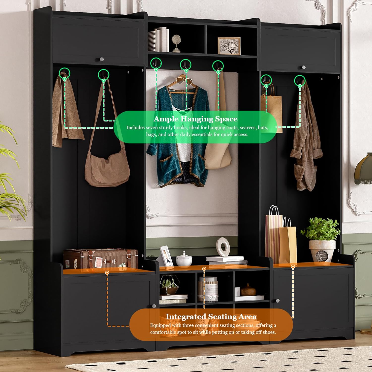 JIJIWANG 9.1''Wide Modern Hall Tree with Shoe Storage, 4-in-1 Multi-Functional Entryway Bench with 8 Cubbies, 7 Coat Hooks & Adjustable Shelf for Hallway, Living Room, Black