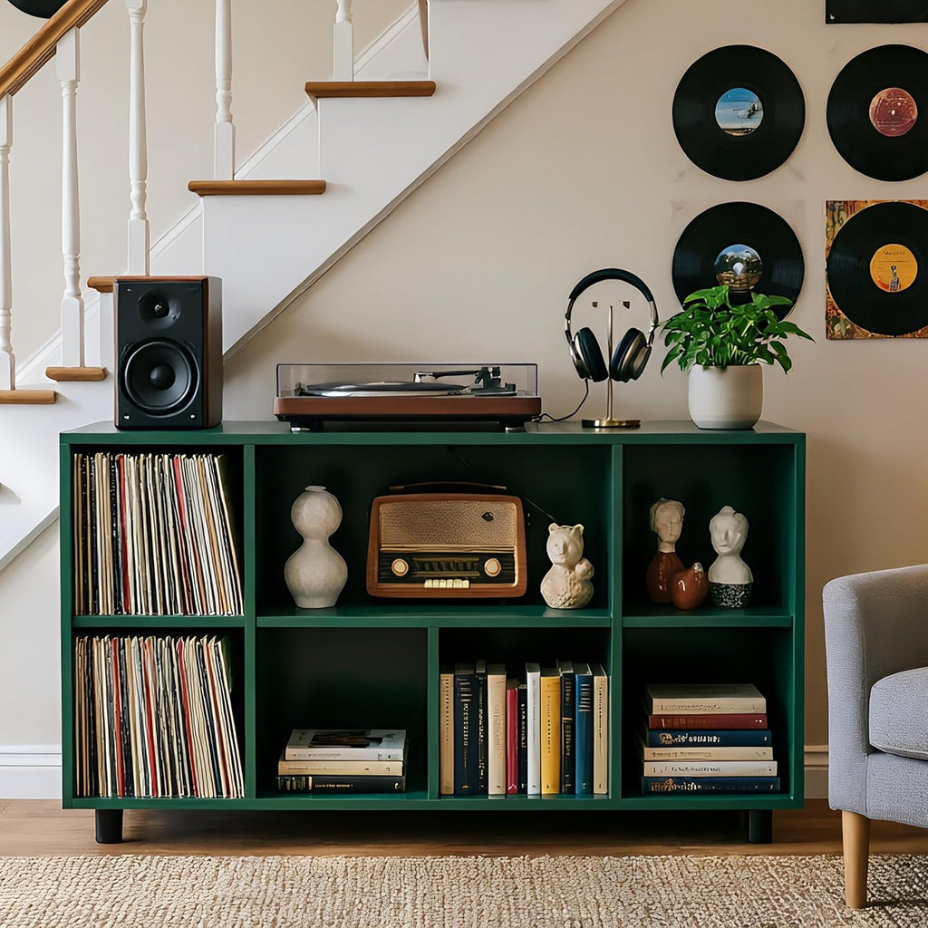 Record Player Stand with Charging Station, Green | Vinyl Record Storage Cabinet, Holds Up to 500+ Albums, Metal Turntable Stand with Large Tabletop for Music Room Studio
