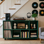 Record Player Stand with Charging Station, Green | Vinyl Record Storage Cabinet, Holds Up to 500+ Albums, Metal Turntable Stand with Large Tabletop for Music Room Studio