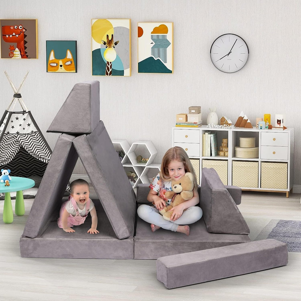 Betterhood Modular Kids Play Couch, Kids Couch Building Fort for Playroom, Children Convertible Foam Cushion for Boys and Girls (Square Armrest, Grey)