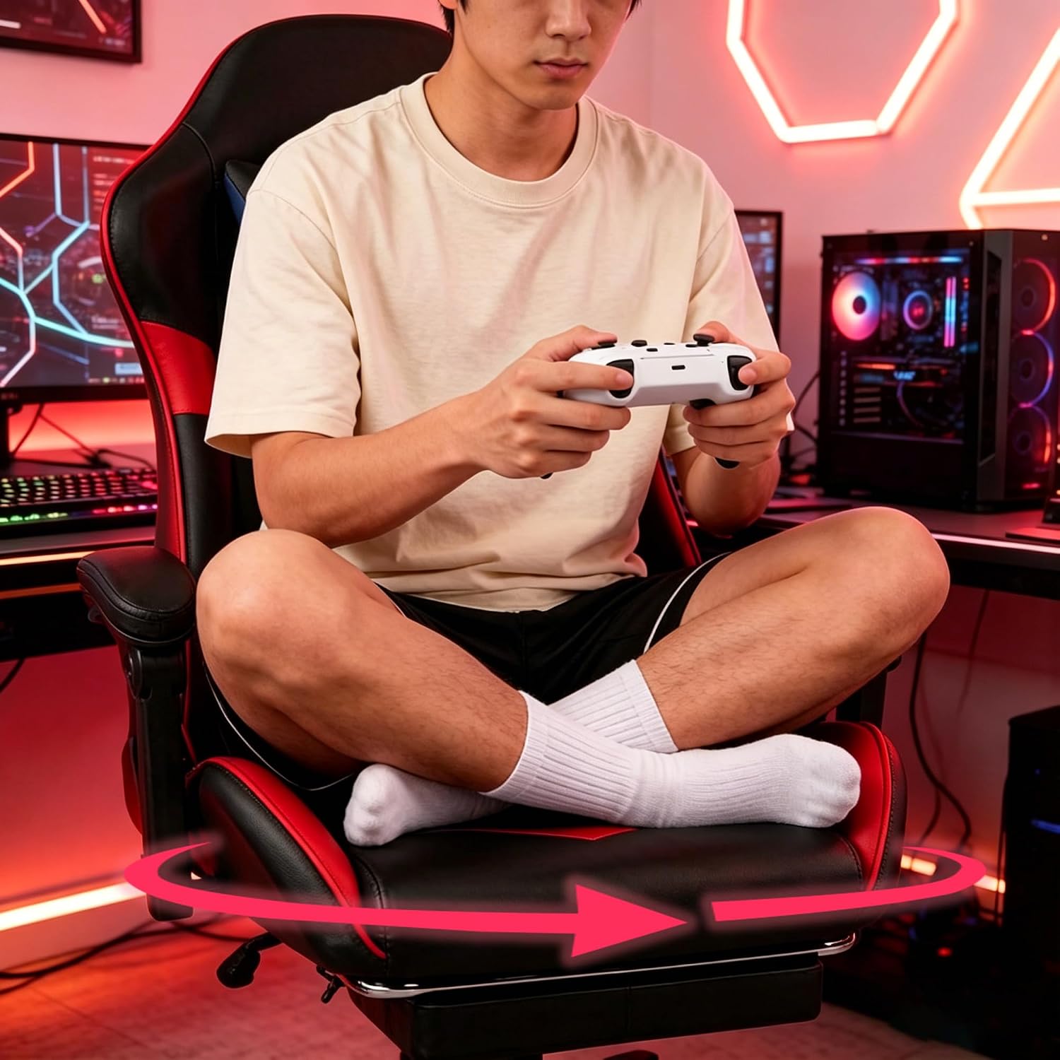 Gaming Chair, Ergonomic Reclining Computer Chair for Adults, with Footrest and Lumbar Support, 360° Swivel, for Office Gaming Home Use, Red & Black