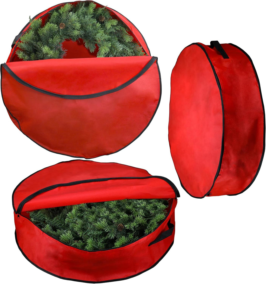 Iconikal 3-Pack Wreath Storage Bag with Handle 30-Inch Diameter Red Zippered Christmas Holiday Garland Organizer Tear-Resistant Protective Bulk Pack