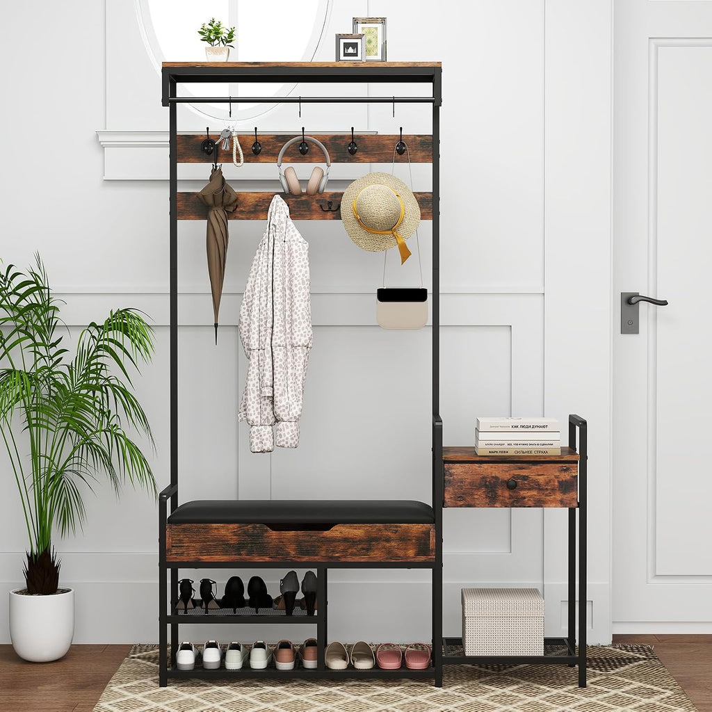 Tangkula Hall Tree with Bench and Shoe Storage, Industrial Coat Rack with Shoe Storage, 12 Hooks & Drawer, Multifunctional Shoe Rack with Cushioned Seat & Hanging Rod for Entryway, Bedroom, Hallway