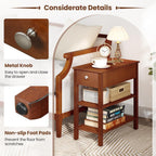 Giantex Narrow End Table Set of 2, Farmhouse Side Tables with Drawer & Storage Shelves, Wood Sofa Side Tables, 3-Tier Nightstands for Small Space, Living Room, Bedroom, 23.5"L x 12"W x 24.5"H, Brown