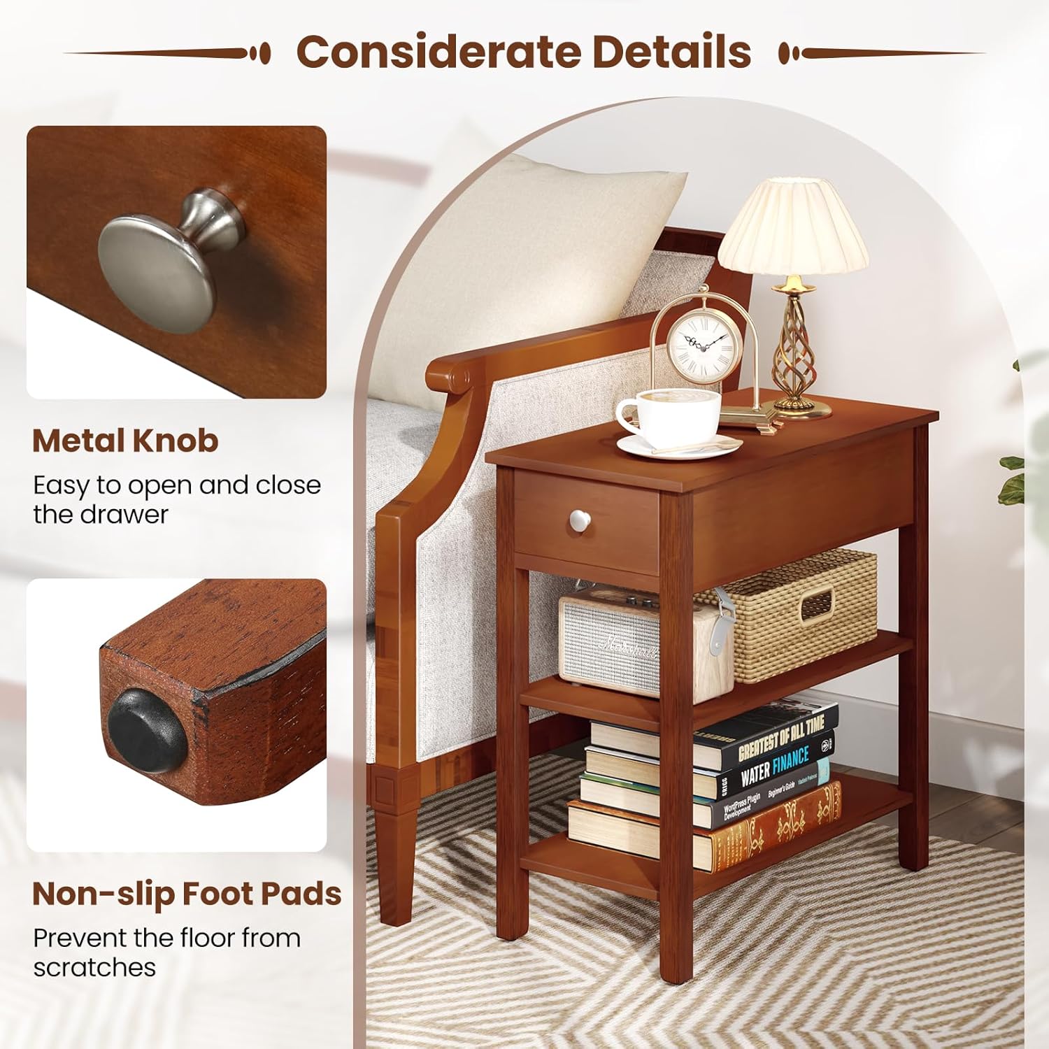 Giantex Narrow End Table Set of 2, Farmhouse Side Tables with Drawer & Storage Shelves, Wood Sofa Side Tables, 3-Tier Nightstands for Small Space, Living Room, Bedroom, 23.5"L x 12"W x 24.5"H, Brown