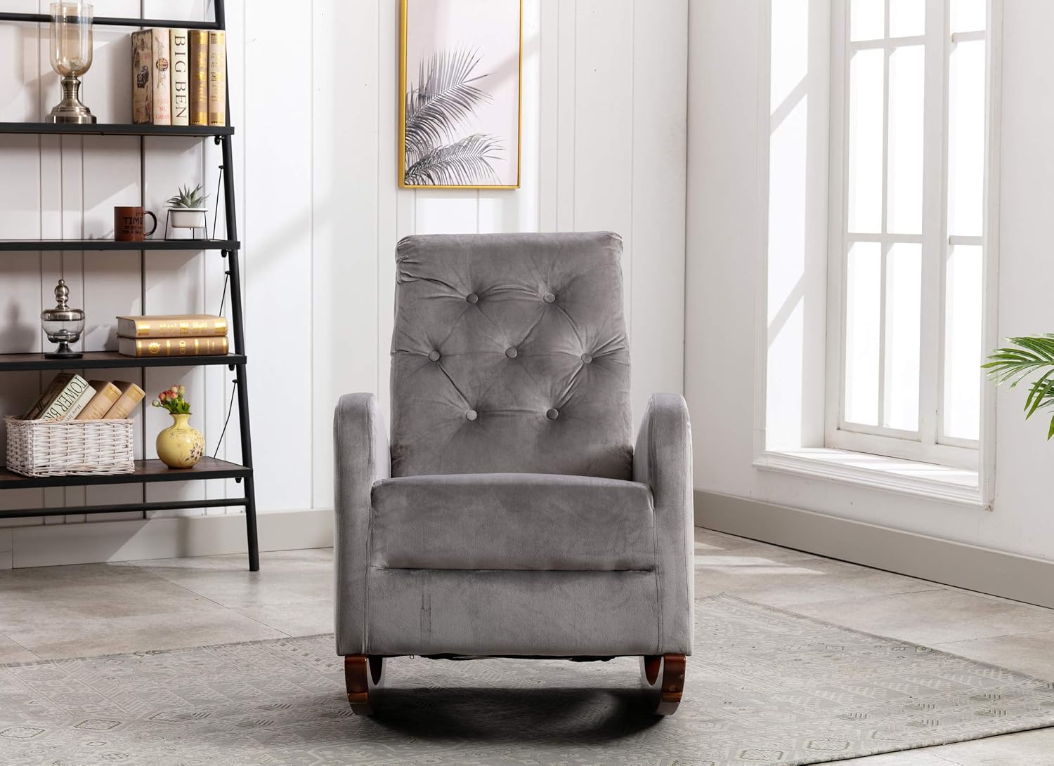 Dolonm Rocking Chair Mid-Century Modern Nursery Rocking Armchair Upholstered Tall Back Accent Glider Rocker for Living Room (Grey - Velvet)