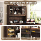 Squireewo 68.9'' Farmhouse L Shaped Desk with Hutch and Drawers, 76" High Wood Executive Home Office Desk with Charging Station, File Drawer and Cabinet, Computer Corner Desk with Sliding Doors, Brown