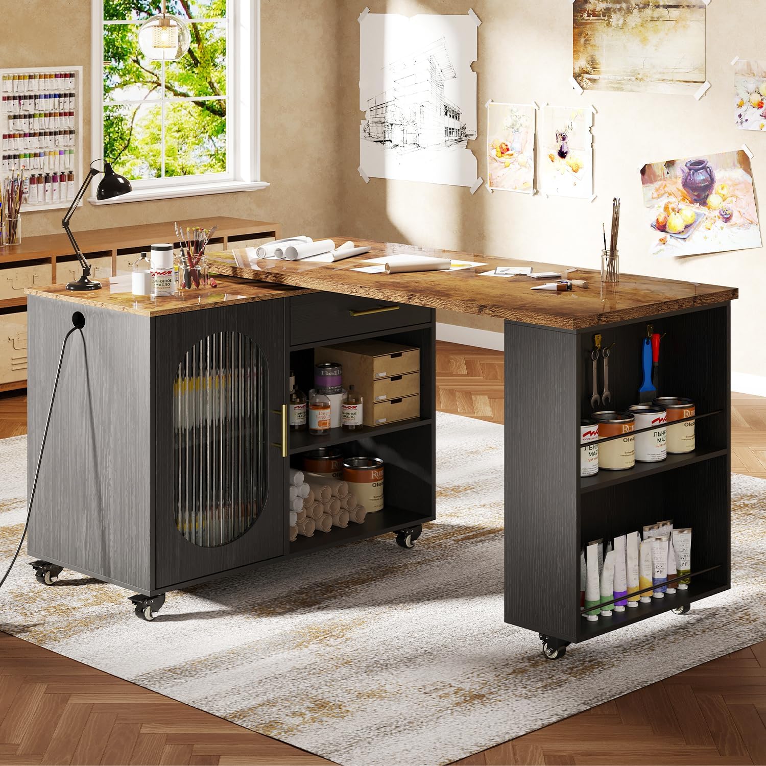 HSH 71” Rolling Kitchen Island with Storage Seating on Wheels, Rustic Brown | Mobile Island Cart With 360° Swivel Tabletop, With Power Outlet, Storage Cabinet, Open Adjustable Shelves Fit In Microwave