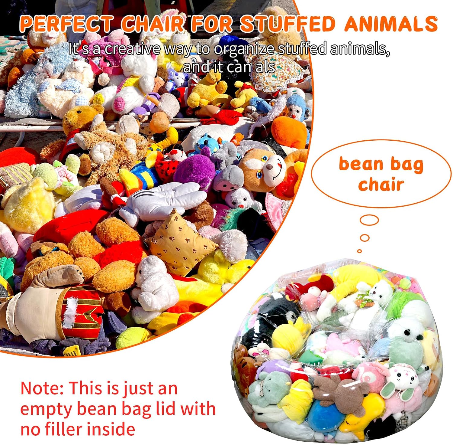 Clear Stuffed Animal Storage Bean Bag Chair Cover for Kids with Zipper | Transparent Waterparoof Wipe Clean Thicker PVC, Holds 100+ Stuffed Animals, Double Zipper for Plush Toys Storage & Organizing