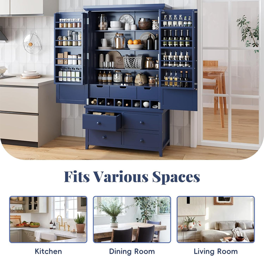 Freestanding Large Kitchen Pantry Wooden Kitchen Storage Cabinet Cupboard with 8 Door Shelves,3 Adjustable Shelves,7 Drawers& 8 Wine Racks,Freestanding Buffet Cupboards for Kitchen Dining (Blue)