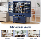 Freestanding Large Kitchen Pantry Wooden Kitchen Storage Cabinet Cupboard with 8 Door Shelves,3 Adjustable Shelves,7 Drawers& 8 Wine Racks,Freestanding Buffet Cupboards for Kitchen Dining (Blue)
