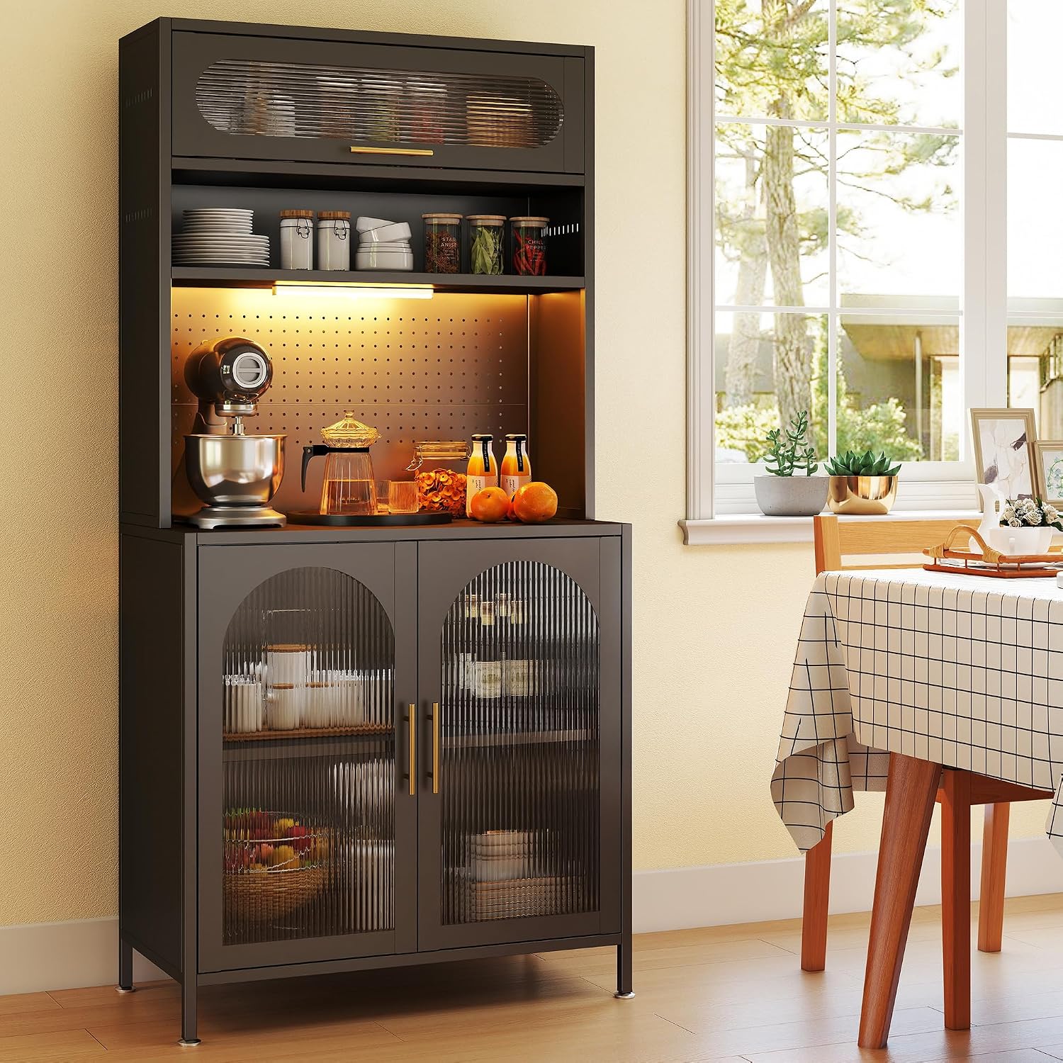 BECHEAO 5 Tier Metal Kitchen Pantry Storage Cabinet with LED Sensor Light, 66" Tall Food Pantry Cabinet, DIY Pegboard, Adjustable Shelves, Microwave Stand & Coffee Bar with Storage for Kitchen, Black