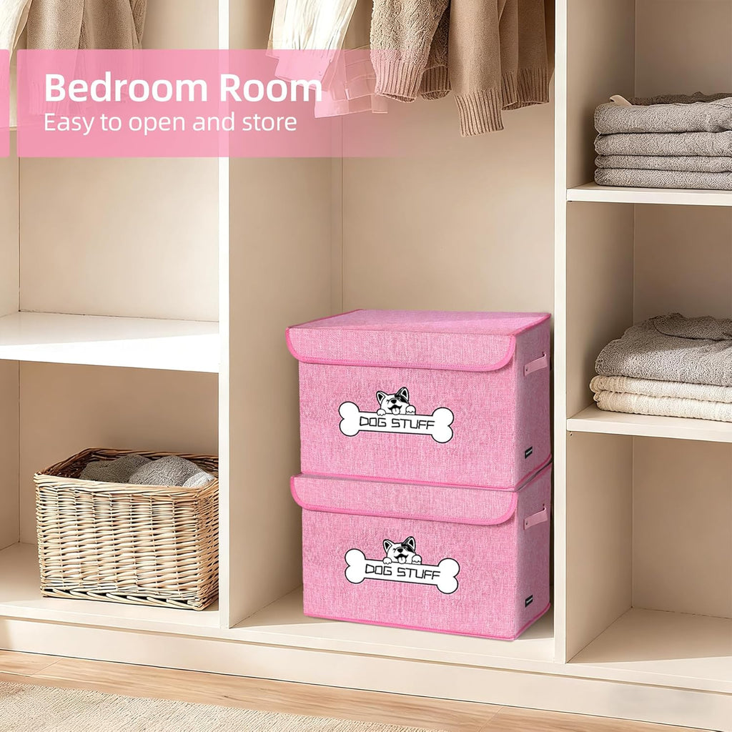Fabric Dog Toy Box with Lid, Collapsible Storage Bin, Basket Organizer with Handle for Dog Toys, Blankets and Accessories, Pink