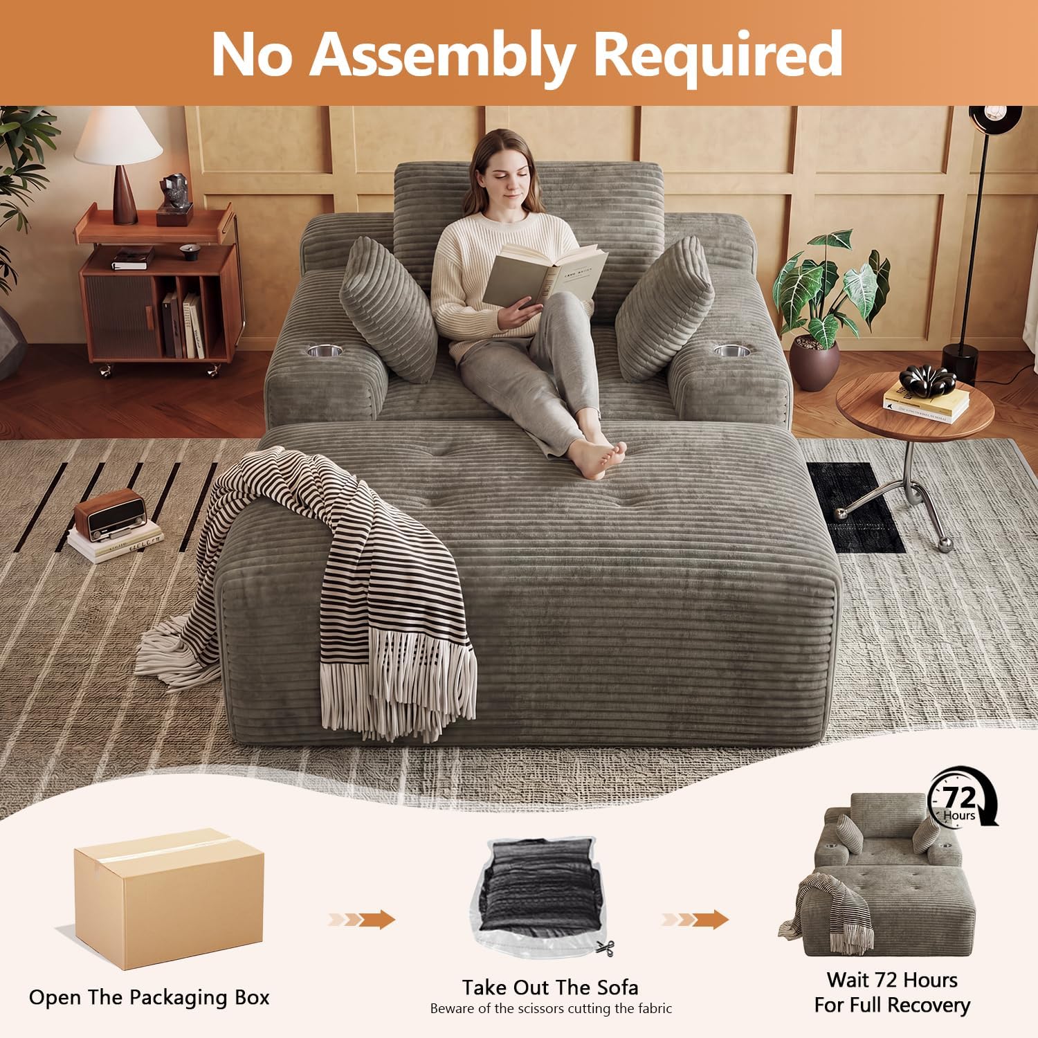 67" Oversized Chaise Lounge Chair Indoor, Corduroy Upholstered Boneless Sofa Bed, Modern Deep Seat Cloud Sleeper Couch Reading Chair for Living Room, No Assembly Required, Khaki