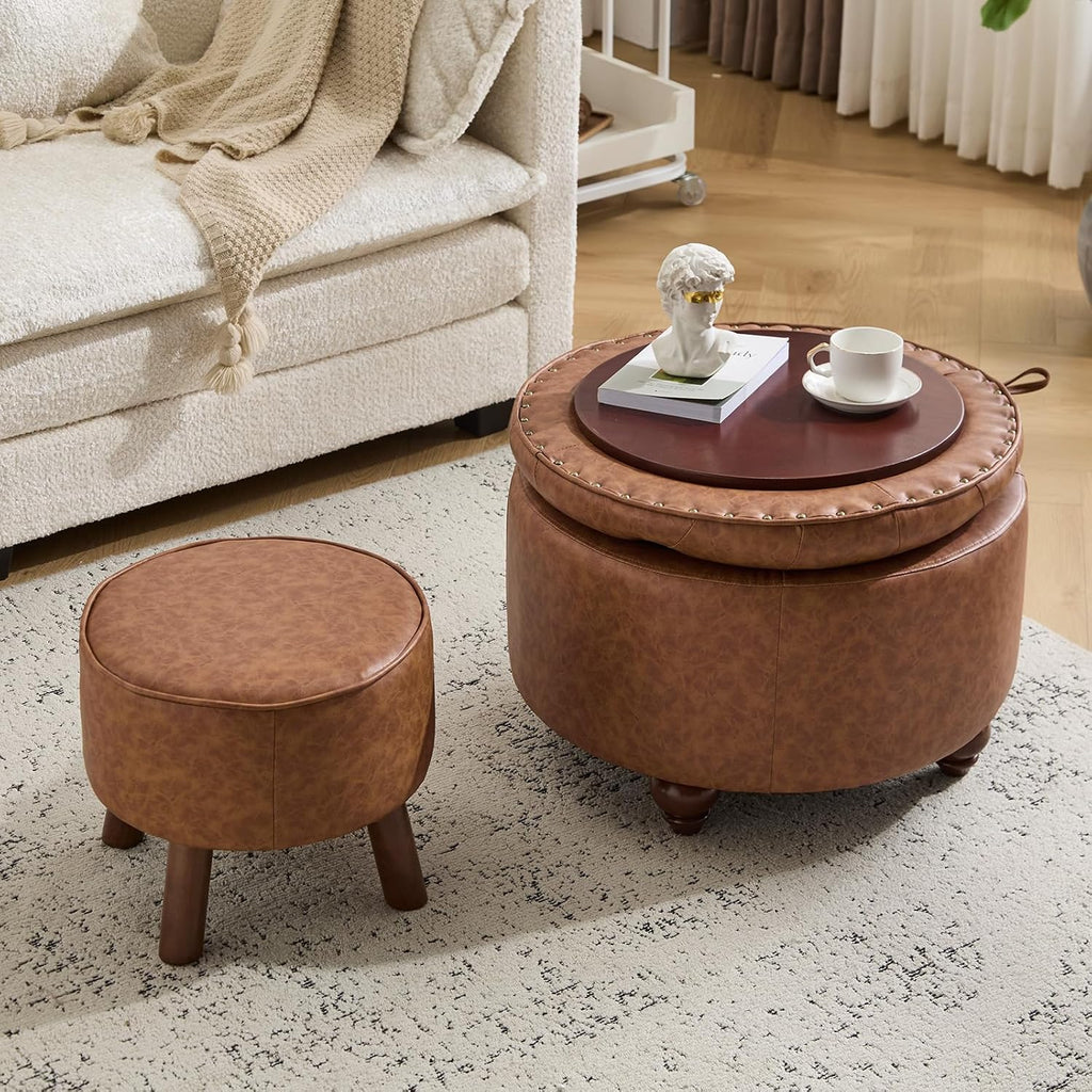 24Inch Round Storage Ottoman, Set of 2, Modern PU Leather Coffee Table with Removable Top, Upholstered Ottoman with Storage Footrest Stool for Living Room, Bedroom (Brown)