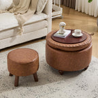 24Inch Round Storage Ottoman, Set of 2, Modern PU Leather Coffee Table with Removable Top, Upholstered Ottoman with Storage Footrest Stool for Living Room, Bedroom (Brown)