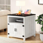 24" Farmhouse End Table Set of 2 with Charging Station, Large Square Side Table with Open Shelf and Barn Door Storage for Living Room, Bedroom (White)