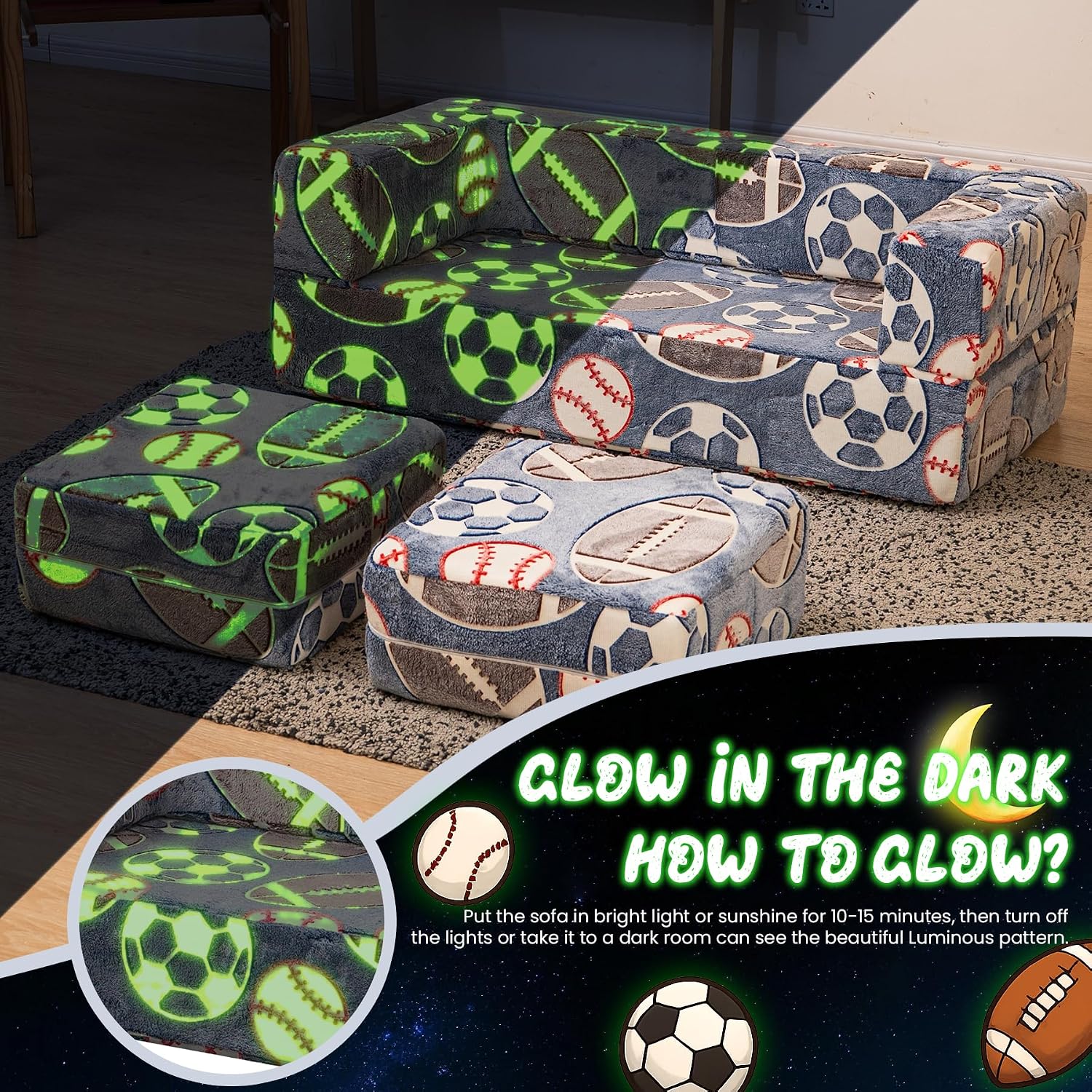 Cvortll Modular Kids Play Couch, Glow in Dark Kids Sofa, Child Sectional Sofa, Toddler Play Couch Fold Out Kid Sofa for Playroom & Bedroom Furniture for Boys Girls, Ball