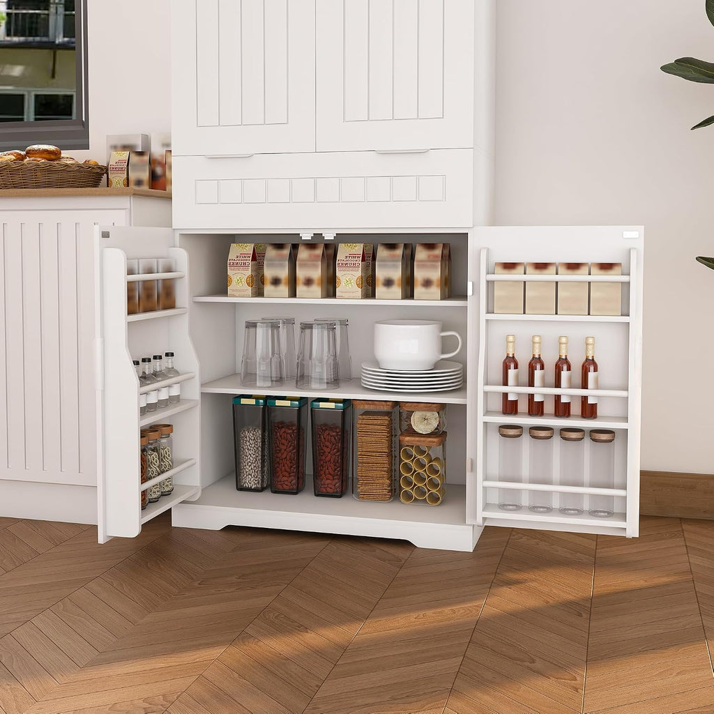 71" Tall Kitchen Pantry Cabinet with Drawer & Adjustable Shelves, Freestanding Buffet Table Coffee Bar Wine Bar Storage Cabinet Cupboard for Kitchen, Living Room, Bathroom,White